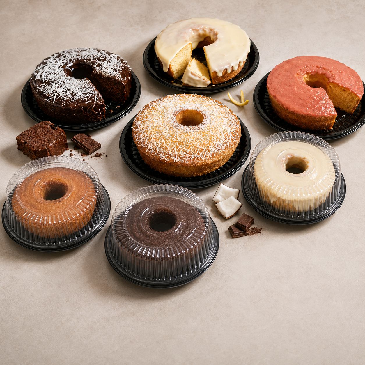 Composição de bolos caseiros Dukarmo — chocolate, coco, laranja, fubá e demais sabores